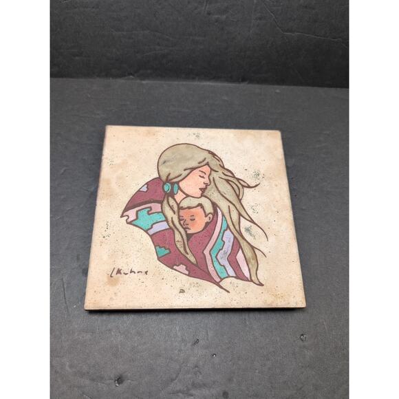 VTG Earthtones Trivet Art Decorative Tile Native Woman & Child L Kuhne 1984 - Picture 1 of 6